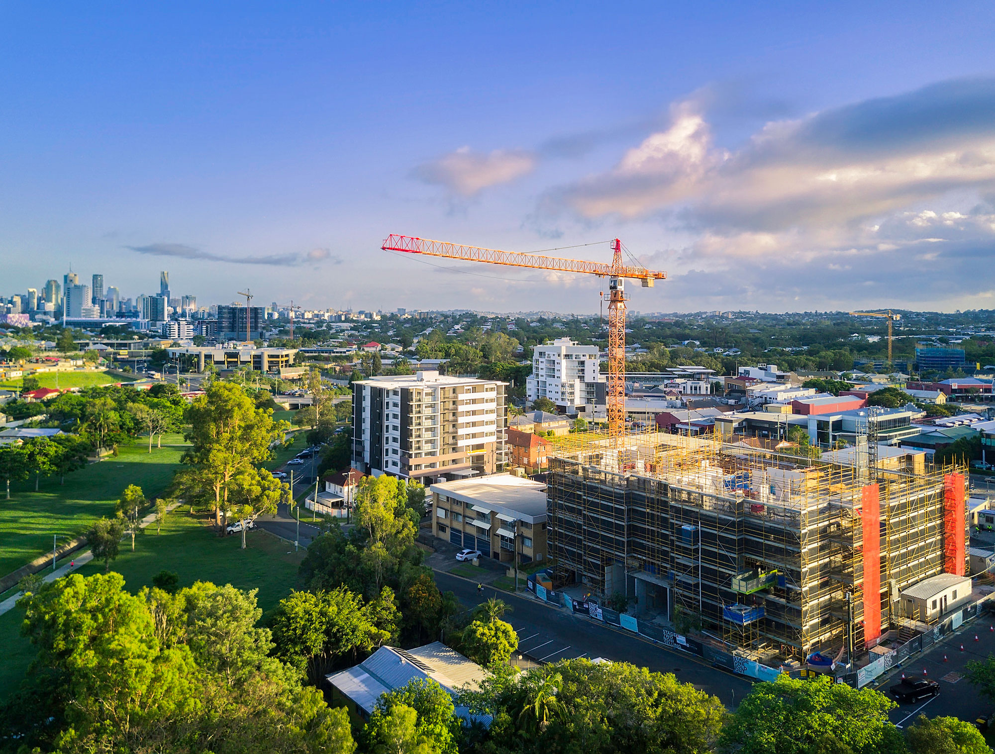 Multistory residential apartment building aerial photograph