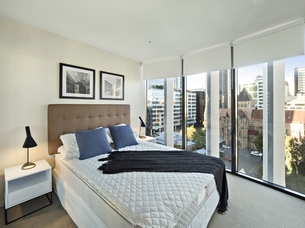 Real estate apartment photography Spire Residences, Apartment 1208 bedroom, July 2018